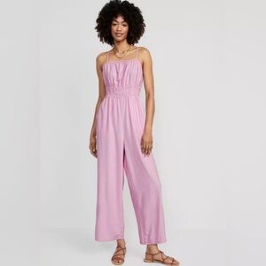 NWT Pink Old Navy Waist Defined Cropped Linen Blend Smocked Cami Jumpsuit Medium